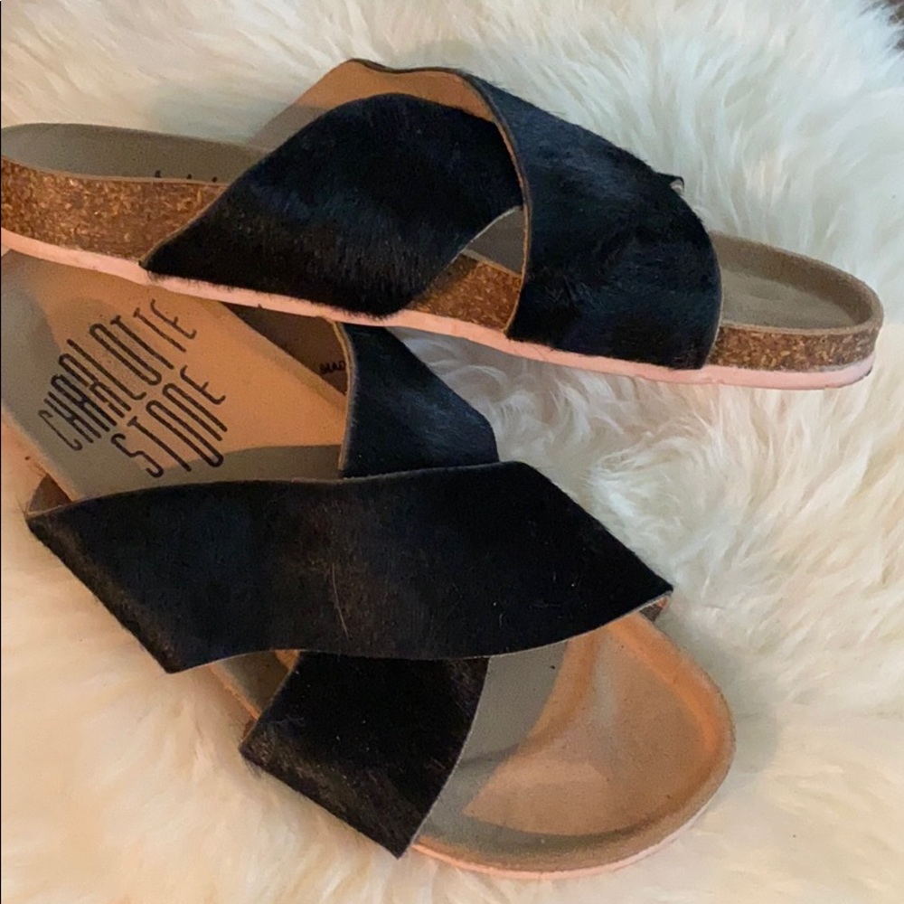 Charlotte Stone: Black Crossover Calf Hair Sandals